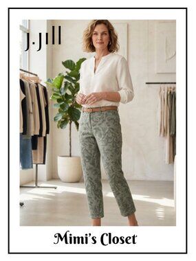 J.JILL Relaxed Chino Boyfriend Cropped Trousers - Green Floral  - 14